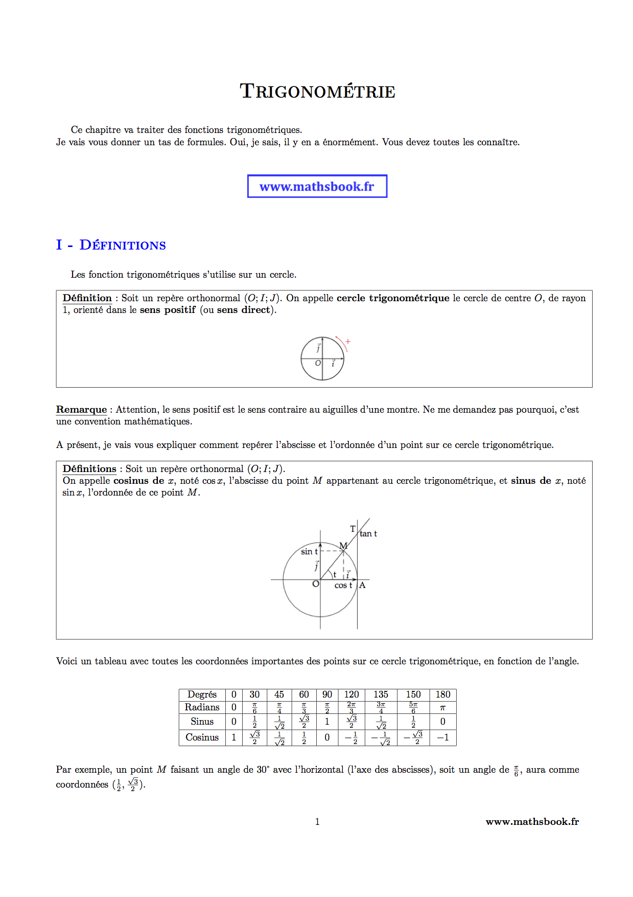 trigonometrie sinus cosinus definitions