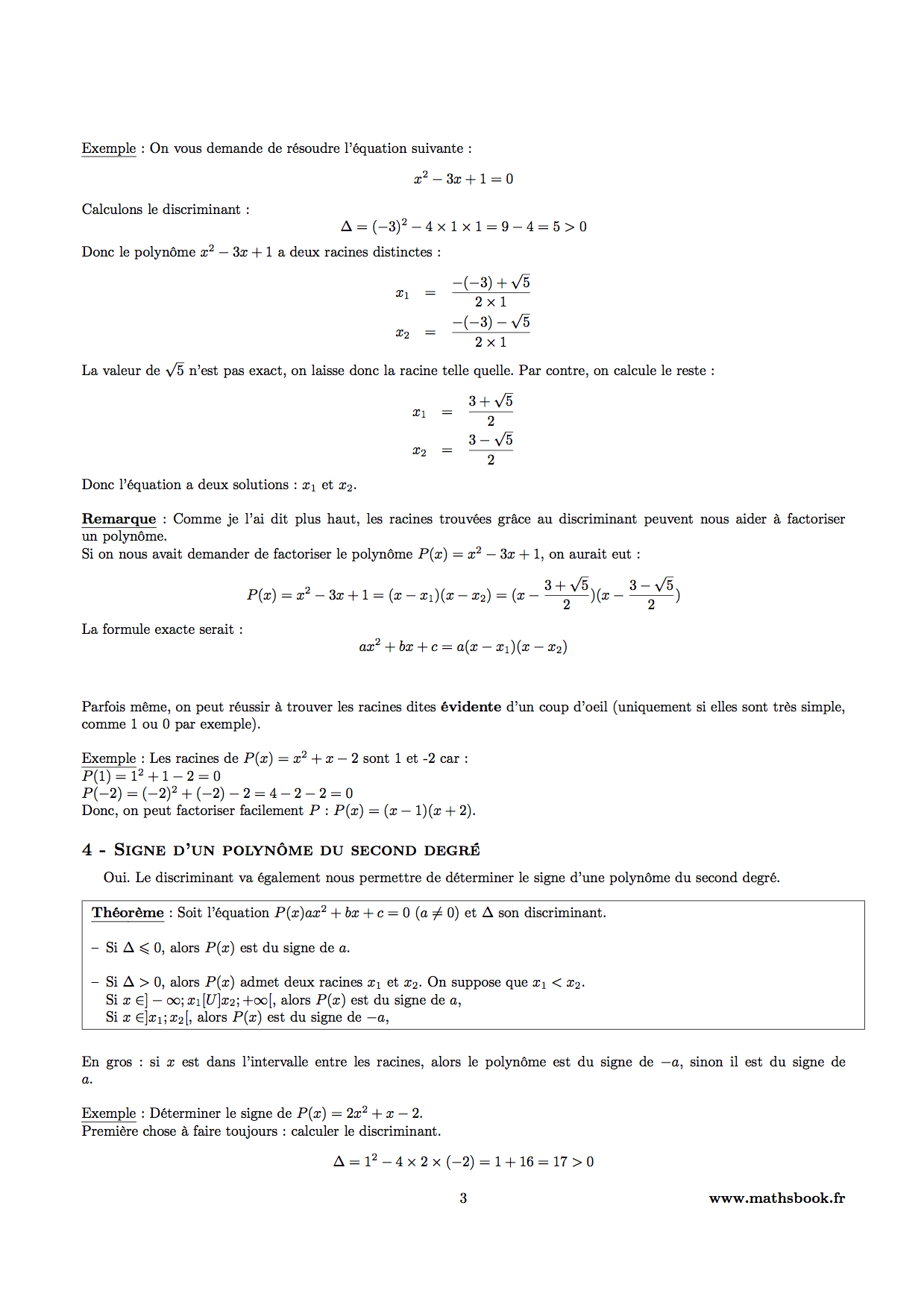 Polynôme du second degré Cours PDF à imprimer Maths première ES