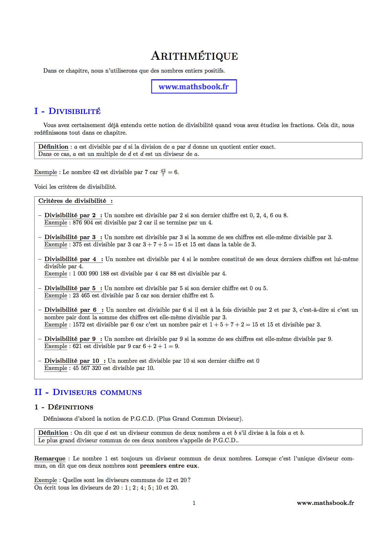 arithmetique divisibilite diviseurs communs