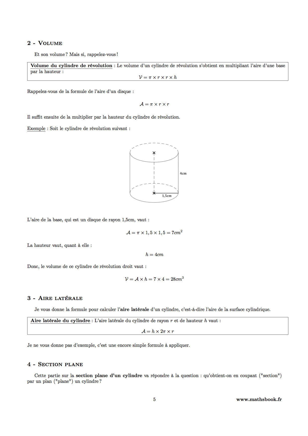 cylindre volume aire laterale section plane