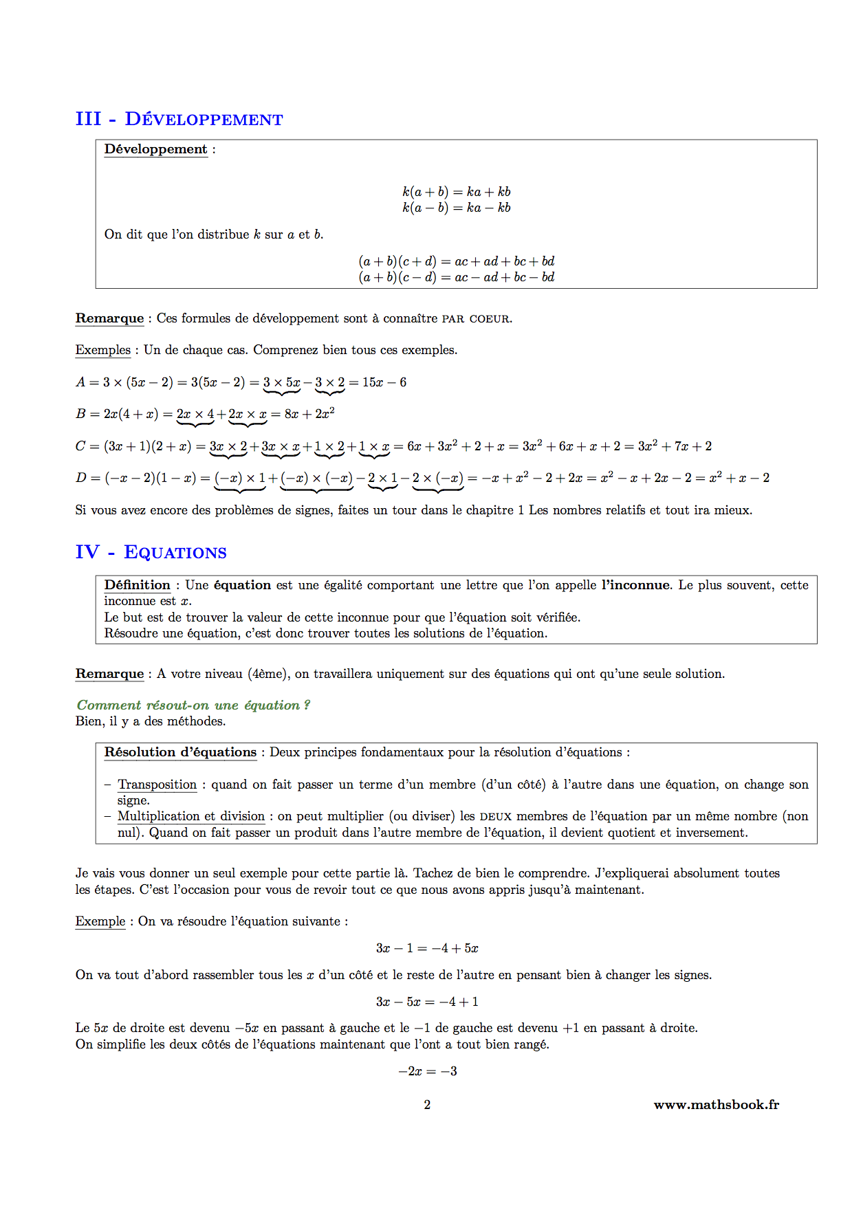 calcul litteral developpement equation