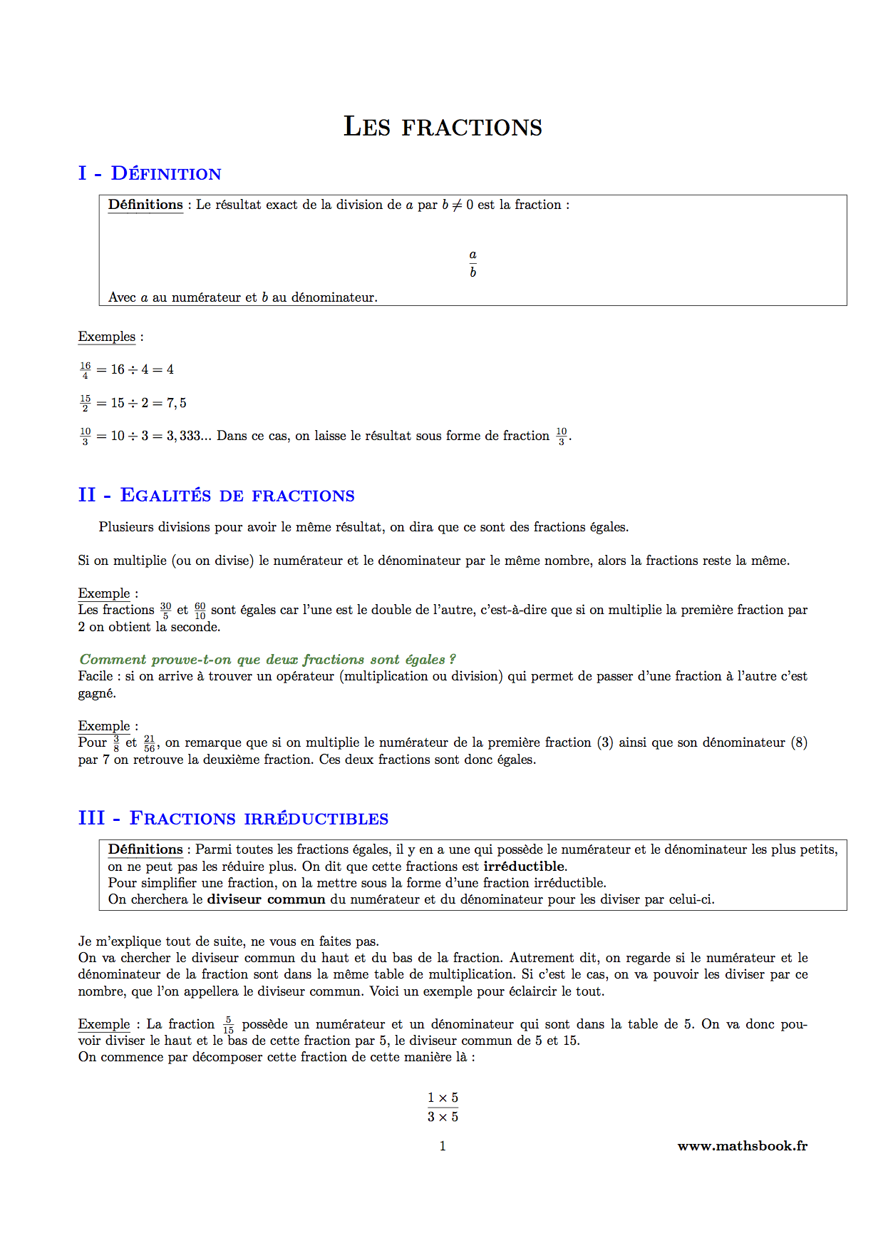 fractions definition et egalites