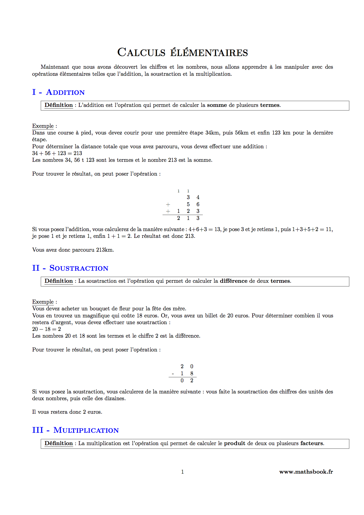 Calculs Elementaires Cours Pdf A Imprimer Maths 6eme