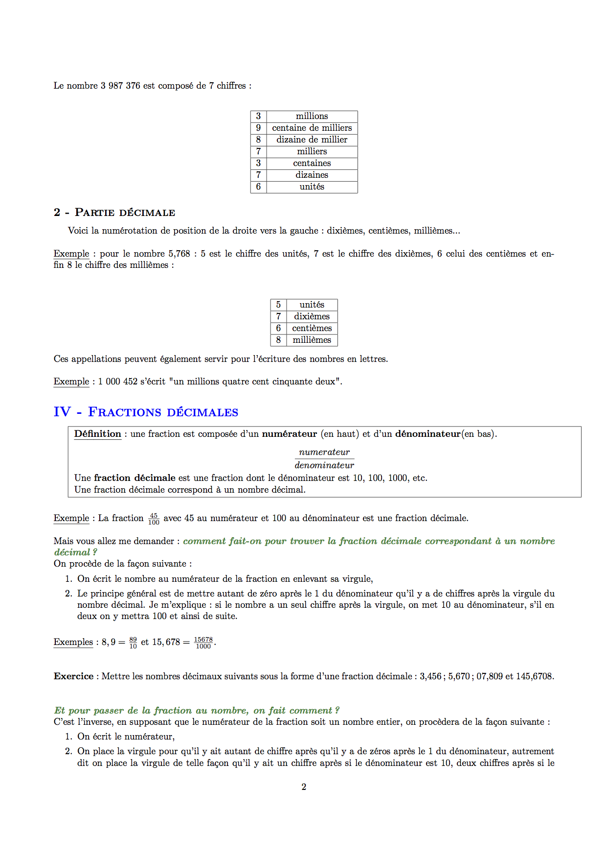 nombres fractions decimales