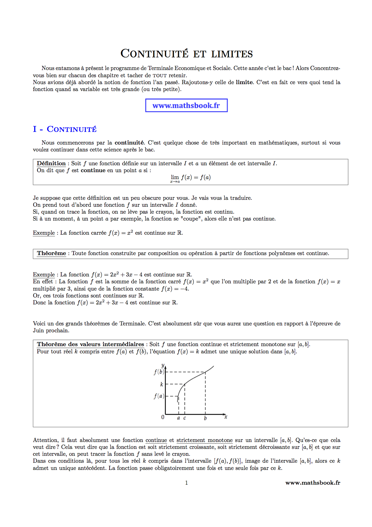 continuite et theoreme des valeurs intermediaires