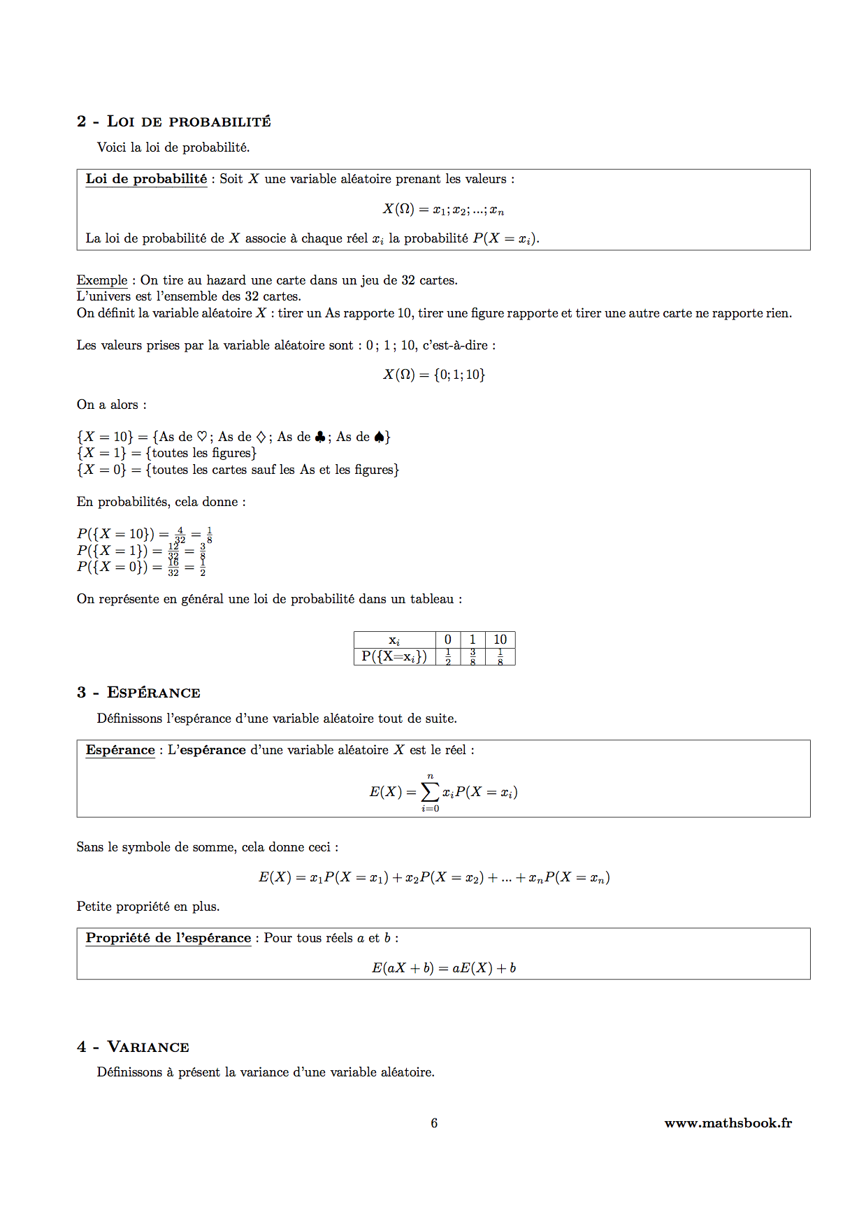 loi de probabilites esperance et variance