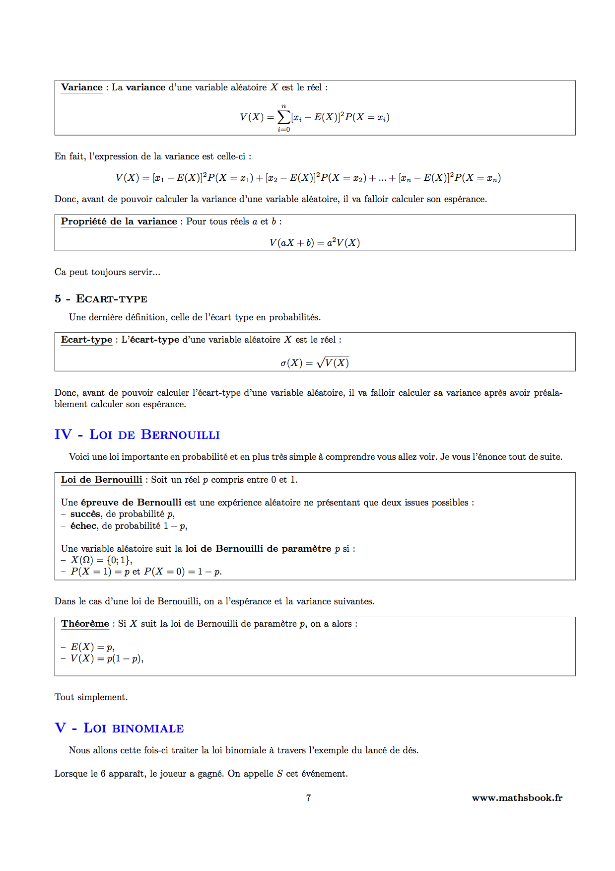 variance et exart type et loi de bernouilli