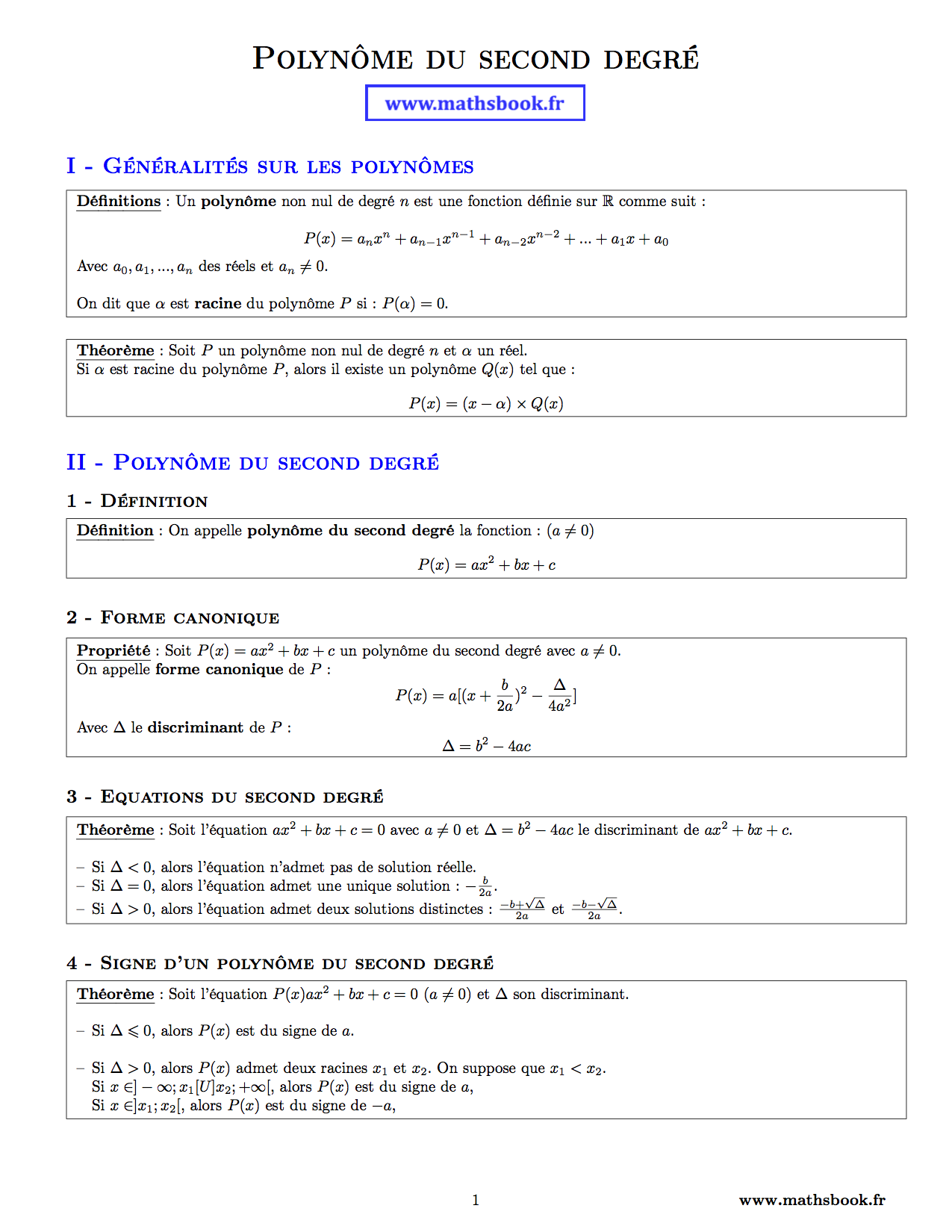 Polynôme du second degré : Fiches de révision | Maths ...