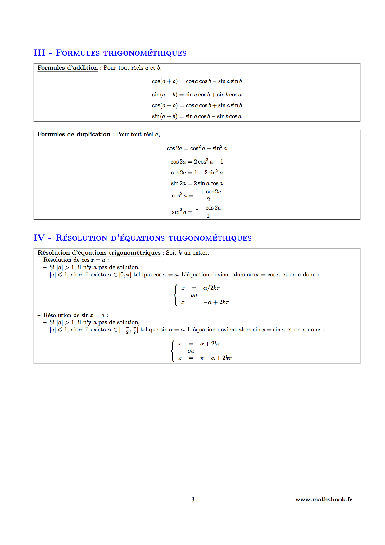 formules trigonometriques resolution equations