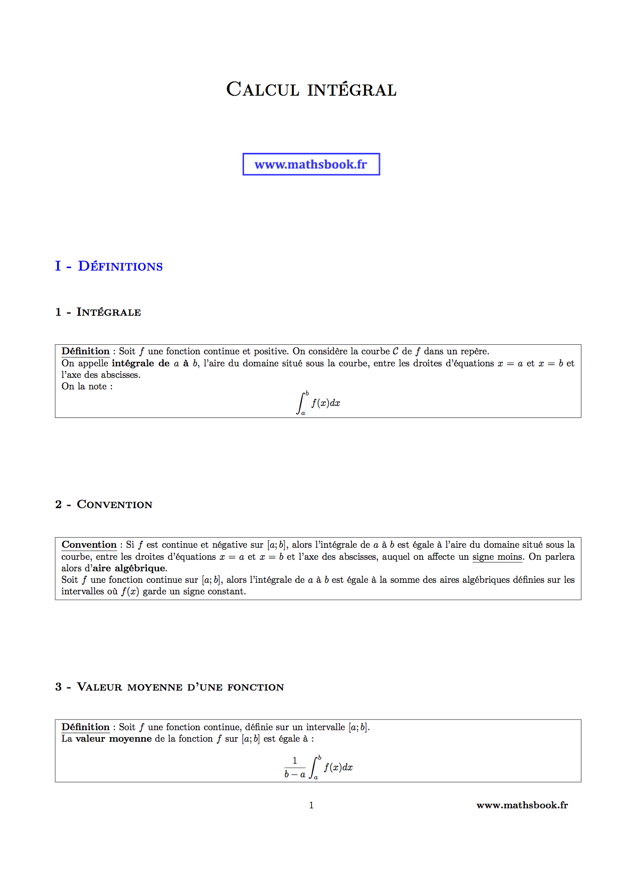 integrales definition et valeur moyenne fonction