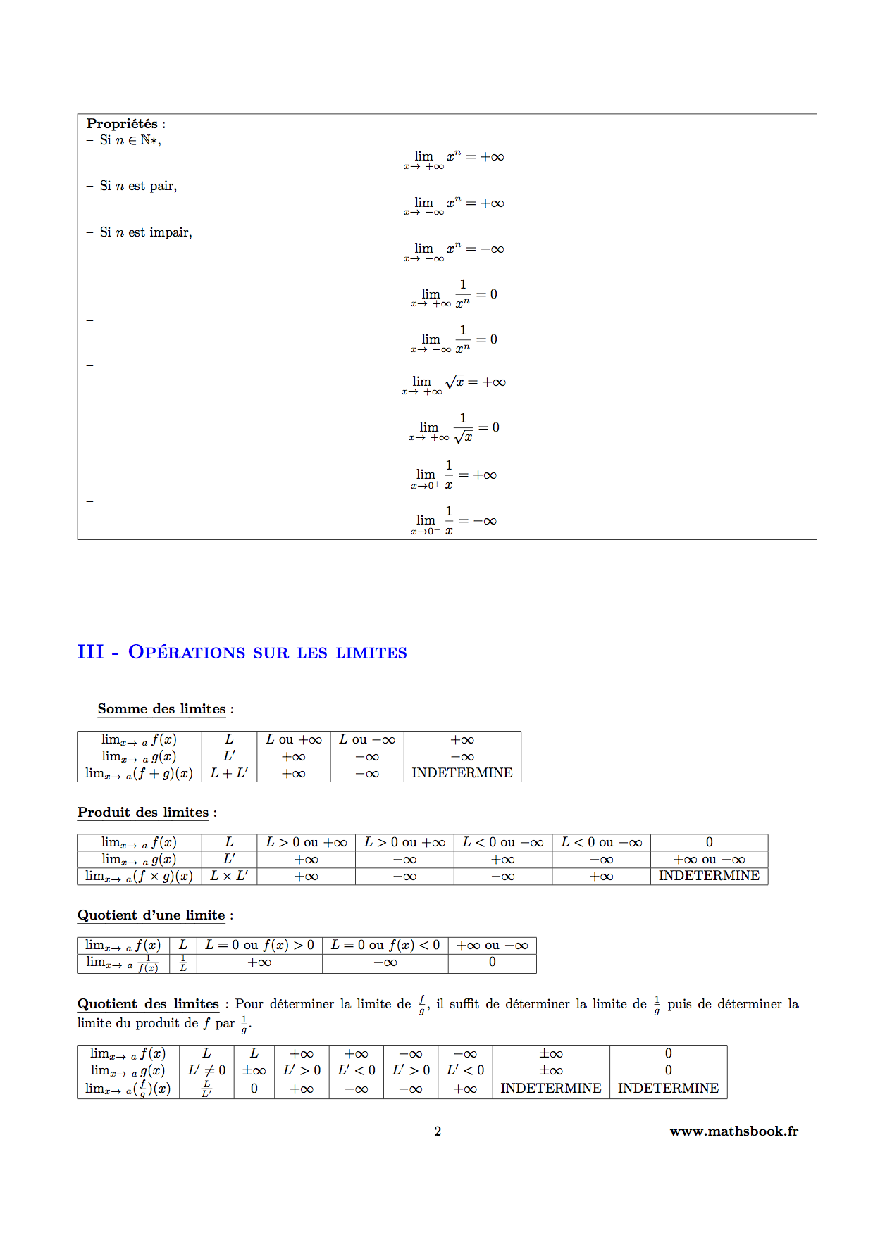 proprietes limites operations