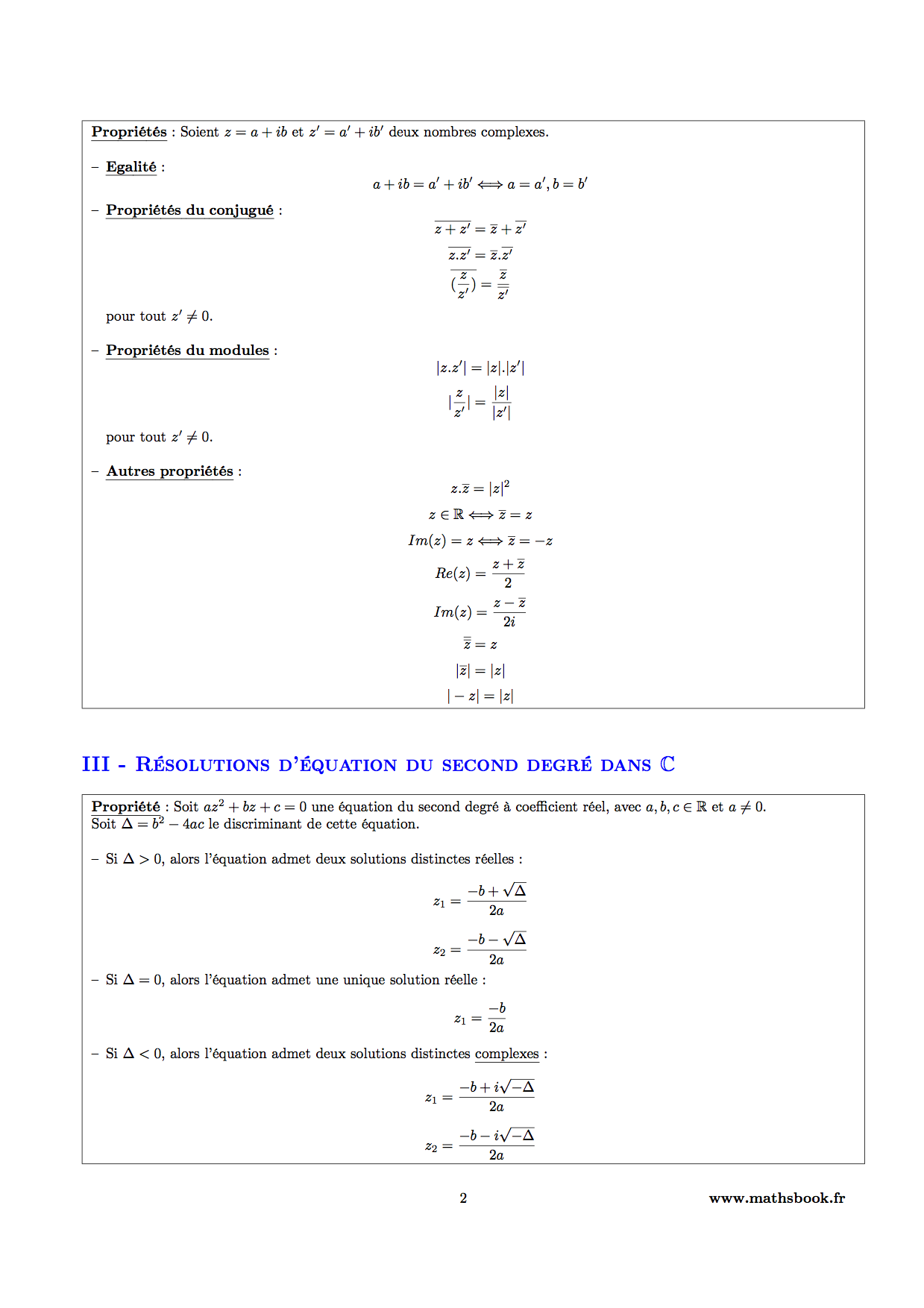 proprietes nombres complexes et resolution equations