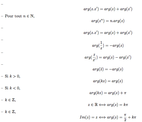 propriétés des arguments des nombres complexes